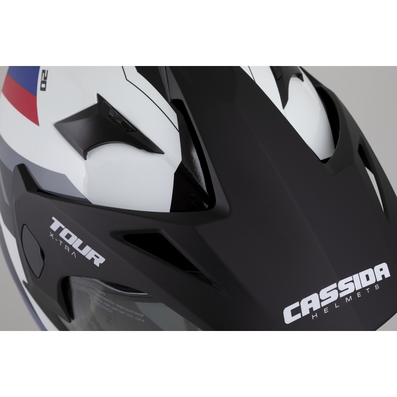 Casca enduro Cassida Tour 2.0 X-tra alb-albastru-rosu-negru cu vizor negru mat