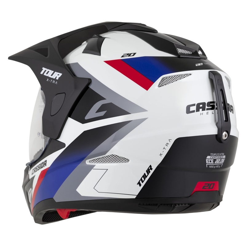 Casca enduro Cassida Tour 2.0 X-tra alb-albastru-rosu-negru cu vizor negru mat