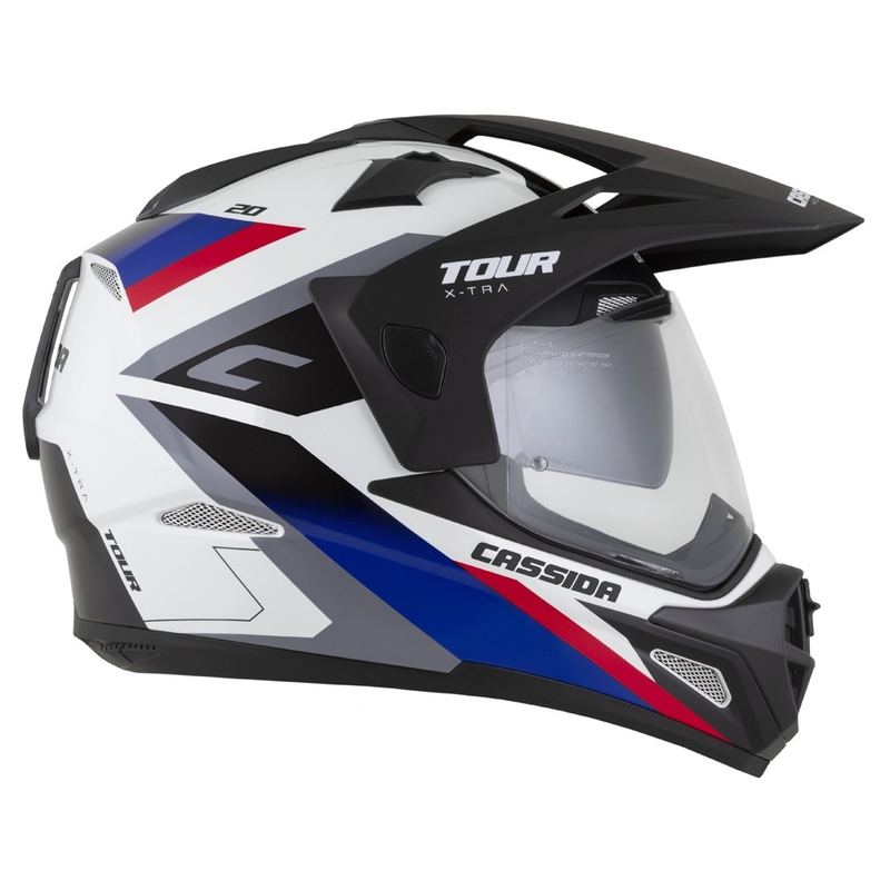 Casca enduro Cassida Tour 2.0 X-tra alb-albastru-rosu-negru cu vizor negru mat