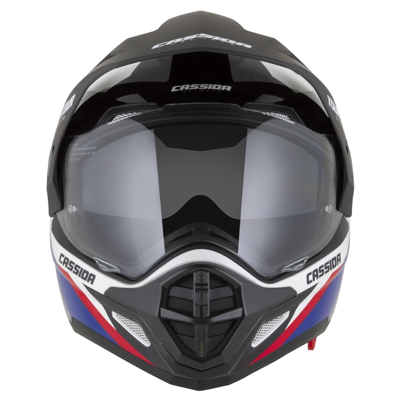 Casca enduro Cassida Tour 2.0 X-tra alb-albastru-rosu-negru cu vizor negru mat