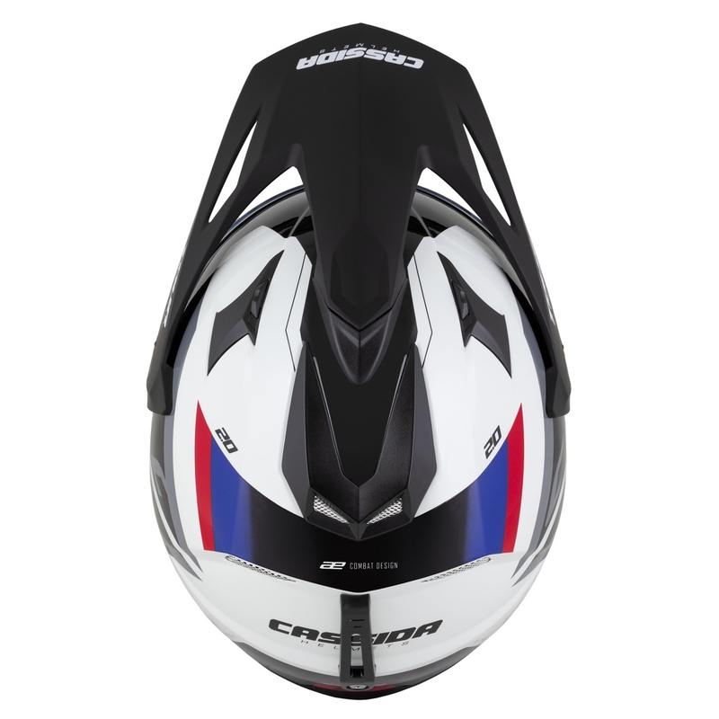 Casca enduro Cassida Tour 2.0 X-tra alb-albastru-rosu-negru cu vizor negru mat