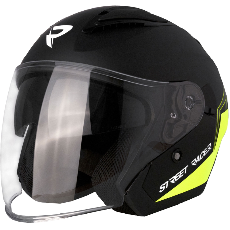 Casca de motocicleta Street Racer Sonic deschisa negru mat-galben fluo
