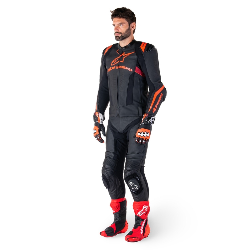 Geacă moto din piele Alpinestars Missile 3 Ignition negru-rosu fluo-rosu închis