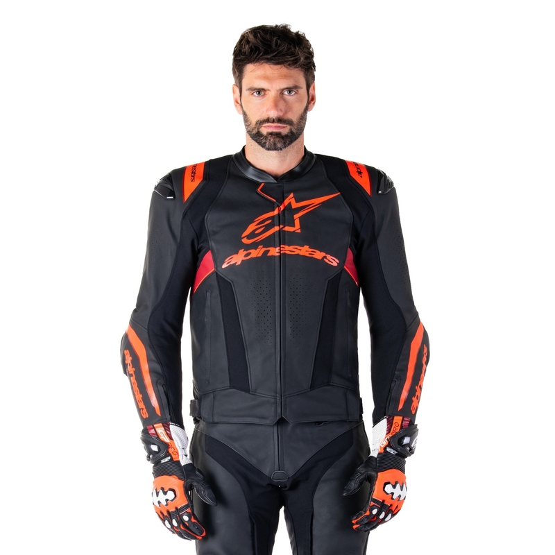 Geacă moto din piele Alpinestars Missile 3 Ignition negru-rosu fluo-rosu închis