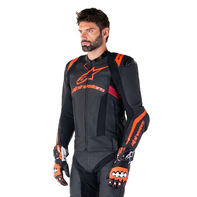 Geacă moto din piele Alpinestars Missile 3 Ignition negru-rosu fluo-rosu închis