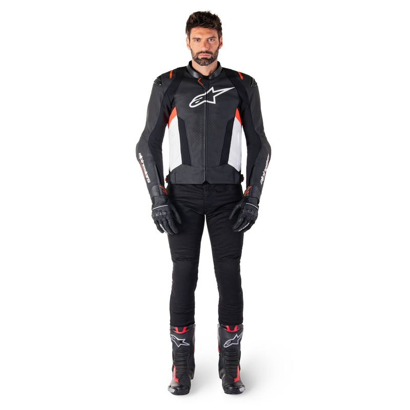 Geaca de piele moto Alpinestars Missile 3 negru-alb-rosu fluo