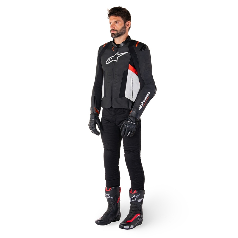 Geaca de piele moto Alpinestars Missile 3 negru-alb-rosu fluo
