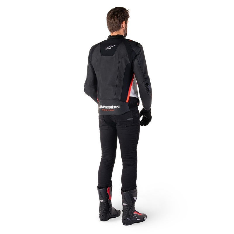 Geaca de piele moto Alpinestars Missile 3 negru-alb-rosu fluo