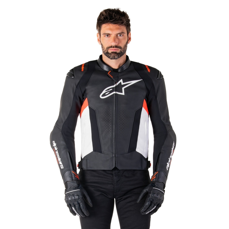 Geaca de piele moto Alpinestars Missile 3 negru-alb-rosu fluo