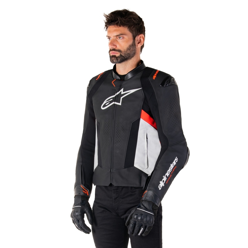 Geaca de piele moto Alpinestars Missile 3 negru-alb-rosu fluo