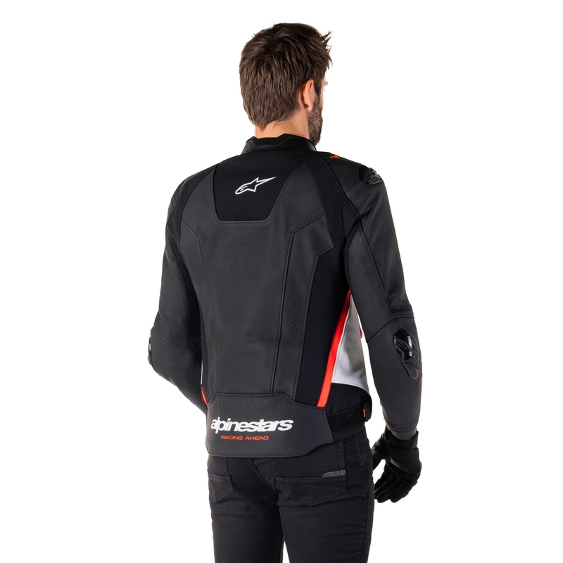Geaca de piele moto Alpinestars Missile 3 negru-alb-rosu fluo