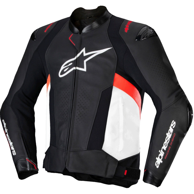 Geaca de piele moto Alpinestars Missile 3 negru-alb-rosu fluo