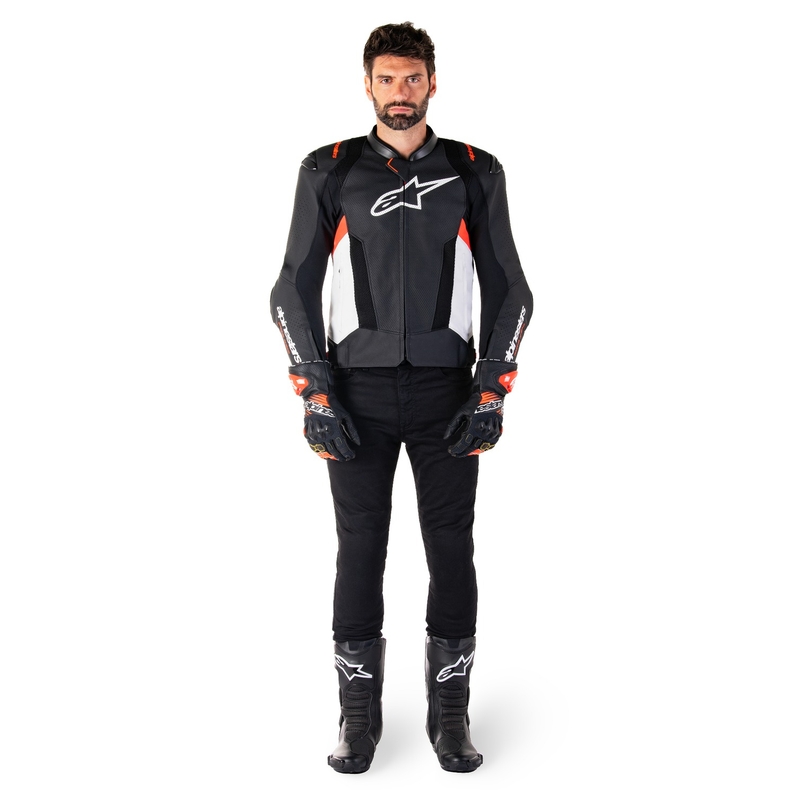 Geacă din piele moto Alpinestars Missile 3 Airflow negru-alb-rosu fluo