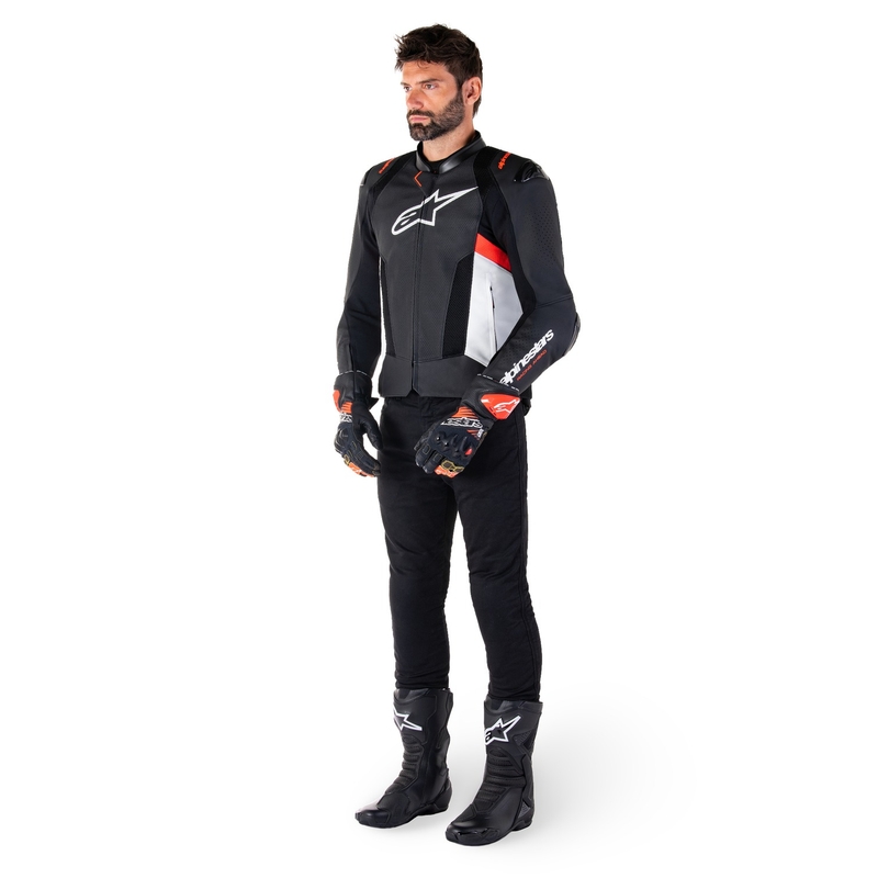 Geacă din piele moto Alpinestars Missile 3 Airflow negru-alb-rosu fluo
