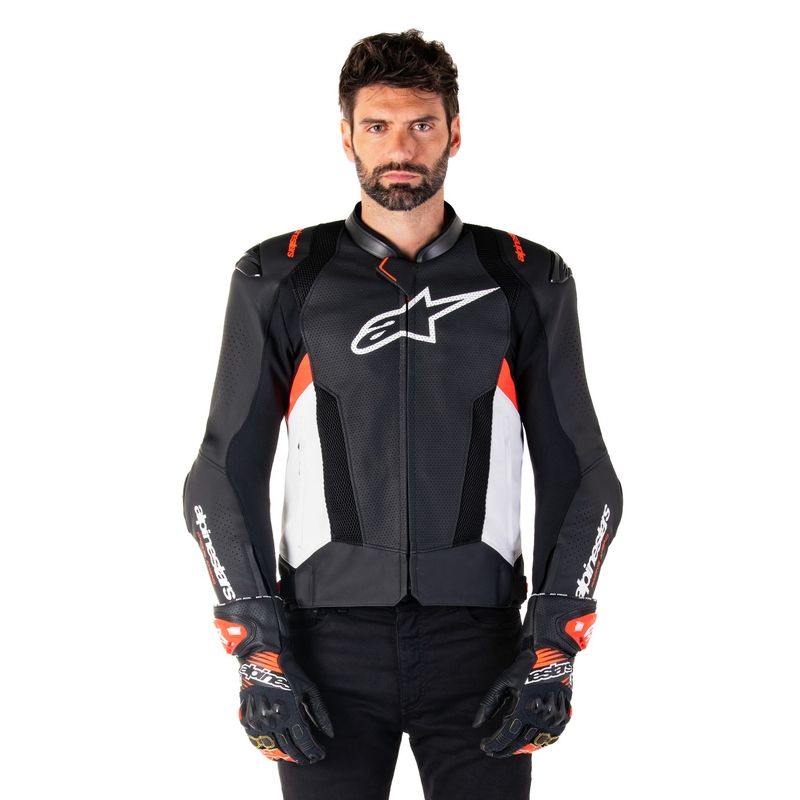 Geacă din piele moto Alpinestars Missile 3 Airflow negru-alb-rosu fluo