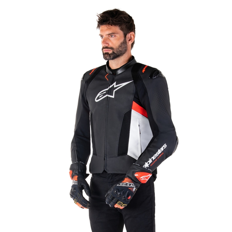 Geacă din piele moto Alpinestars Missile 3 Airflow negru-alb-rosu fluo