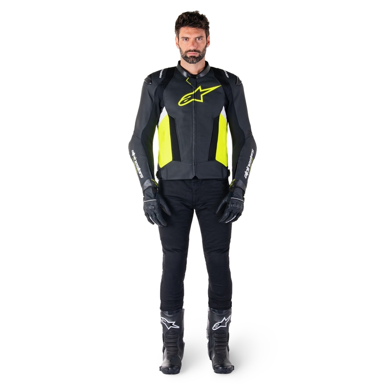 Geacă din piele moto Alpinestars Missile 3 Airflow negru-galben fluo-alb