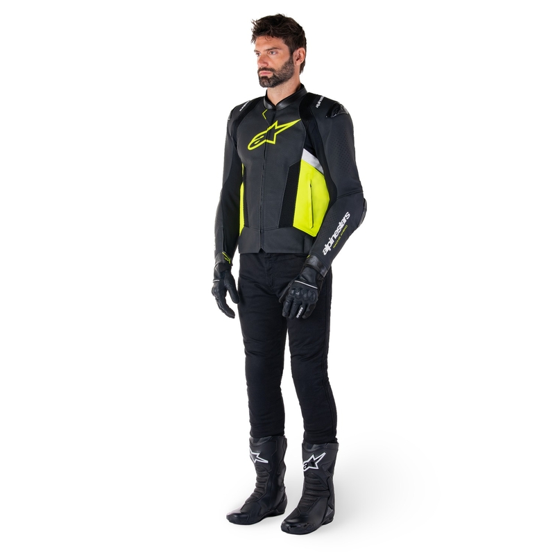 Geacă din piele moto Alpinestars Missile 3 Airflow negru-galben fluo-alb
