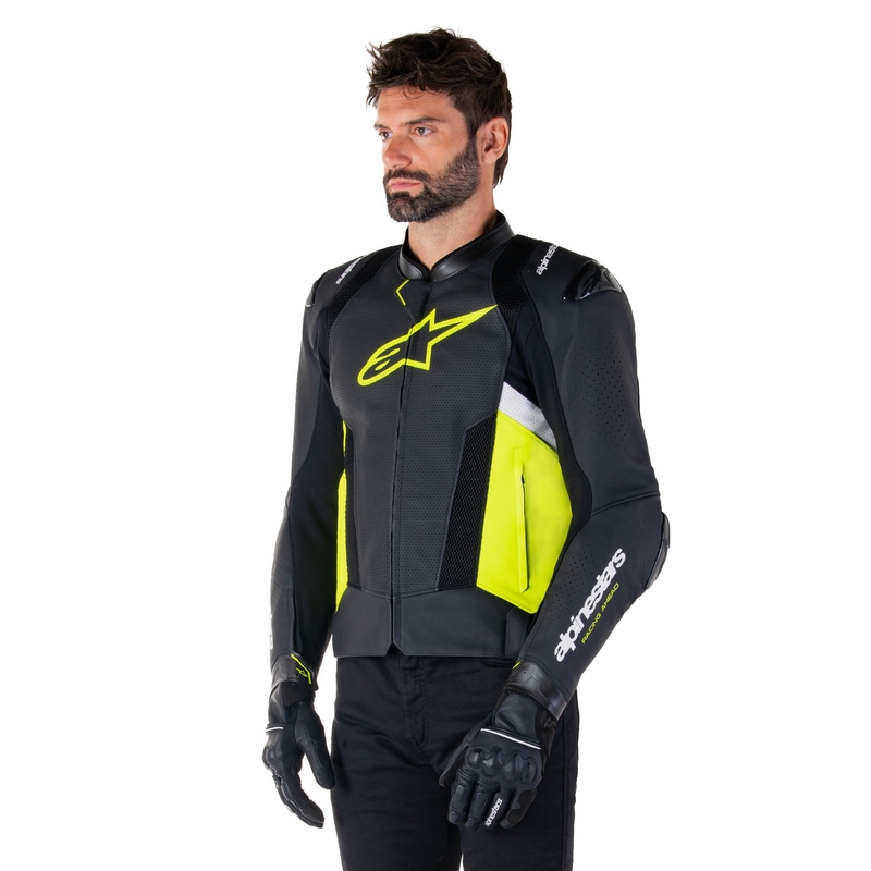 Geacă din piele moto Alpinestars Missile 3 Airflow negru-galben fluo-alb