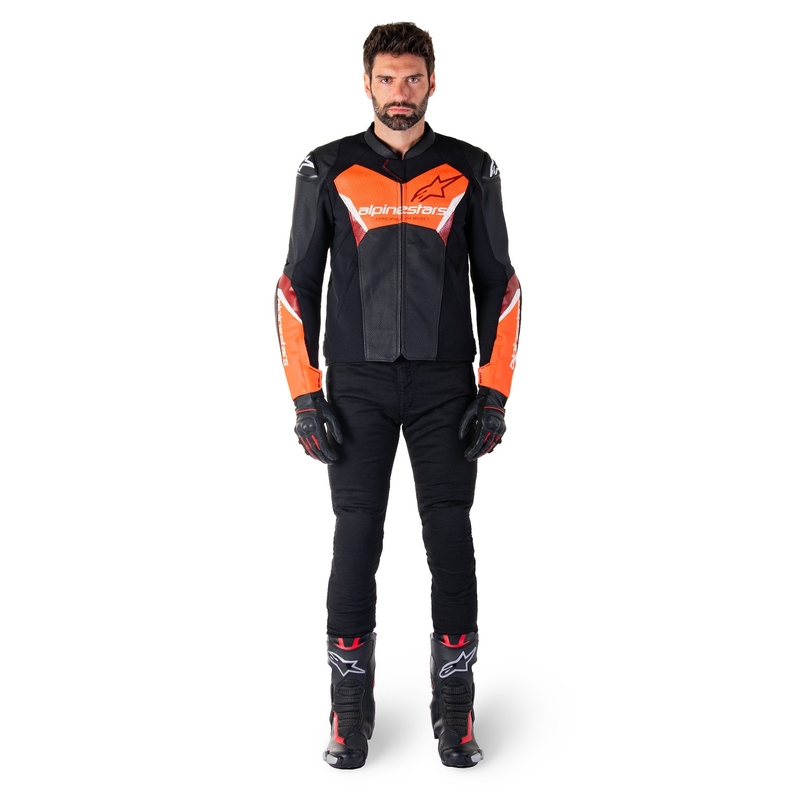 Geacă din piele moto Alpinestars Faster 3 Airflow negru-rosu fluo