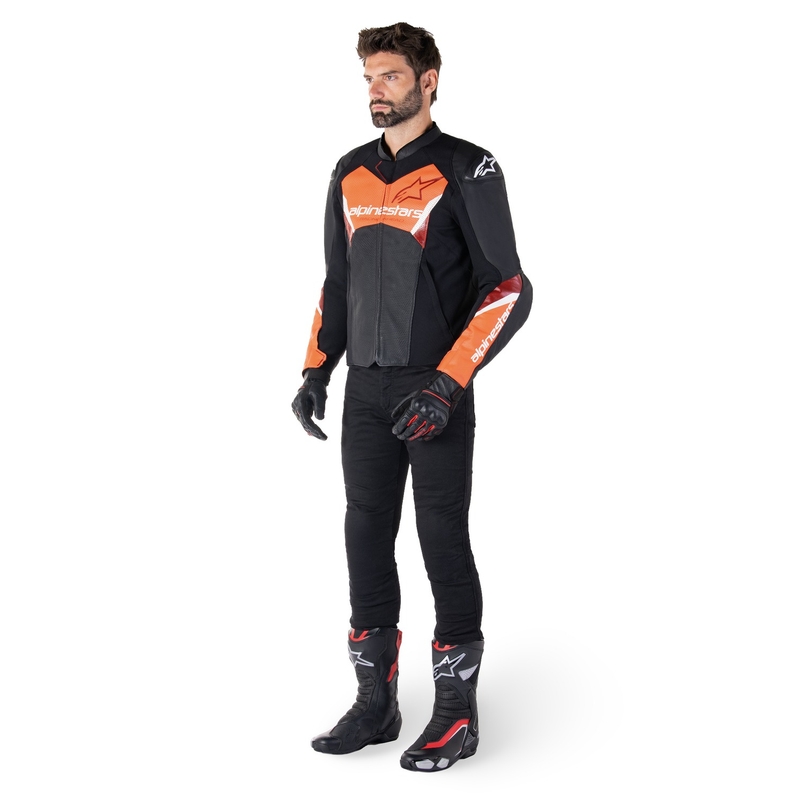 Geacă din piele moto Alpinestars Faster 3 Airflow negru-rosu fluo
