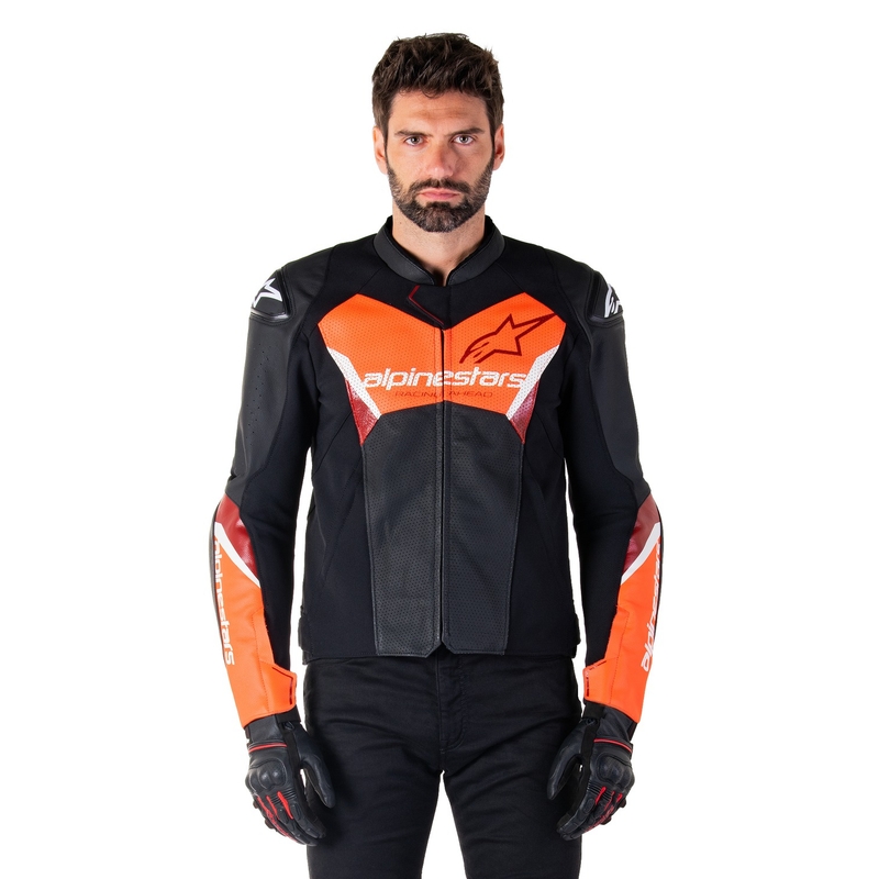 Geacă din piele moto Alpinestars Faster 3 Airflow negru-rosu fluo