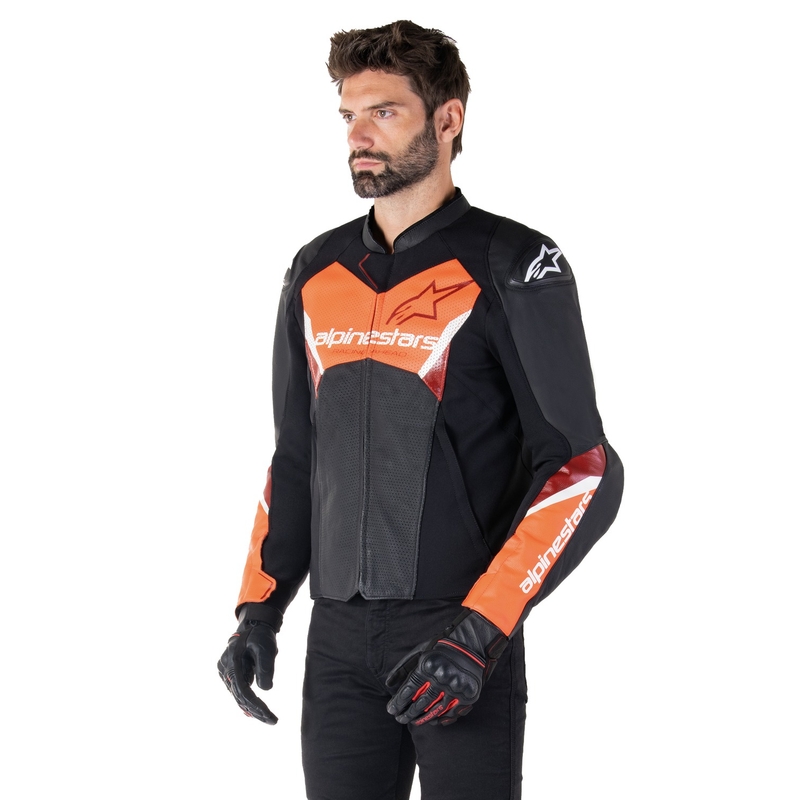 Geacă din piele moto Alpinestars Faster 3 Airflow negru-rosu fluo