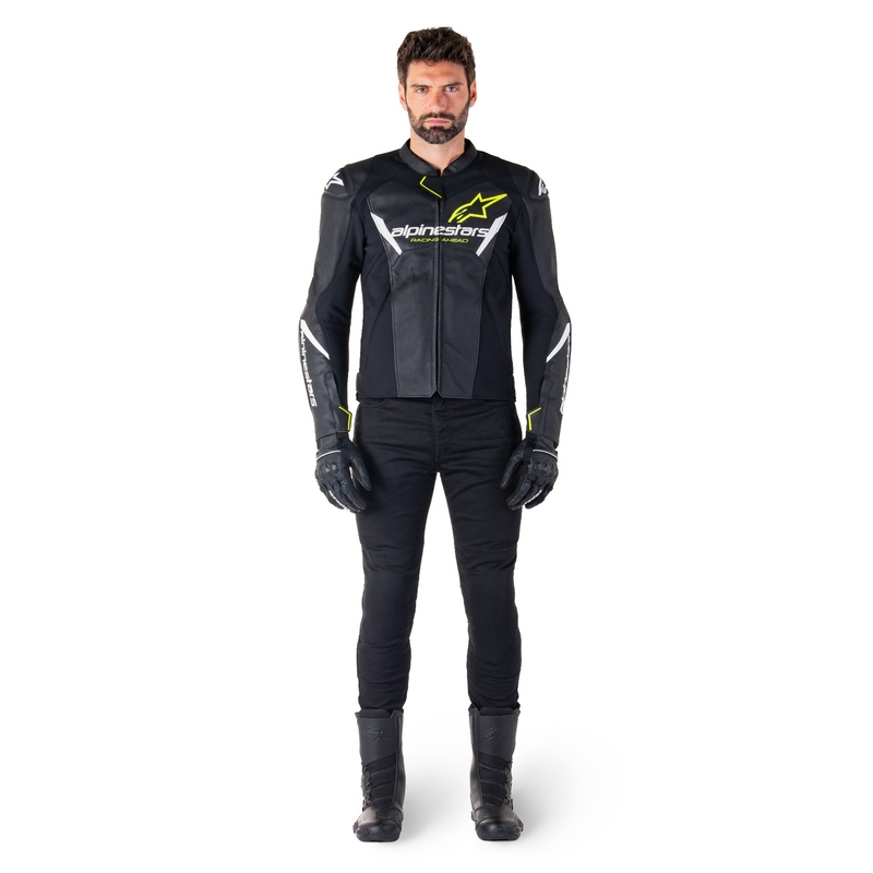 Geacă din piele moto Alpinestars Faster 3 Airflow negru-alb-galben