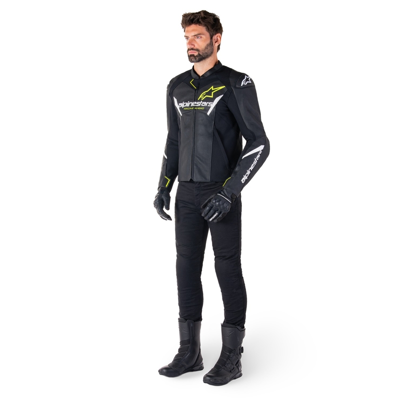 Geacă din piele moto Alpinestars Faster 3 Airflow negru-alb-galben