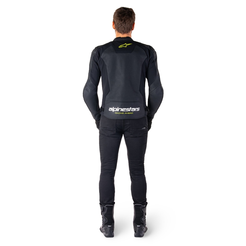 Geacă din piele moto Alpinestars Faster 3 Airflow negru-alb-galben