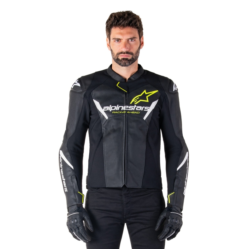 Geacă din piele moto Alpinestars Faster 3 Airflow negru-alb-galben