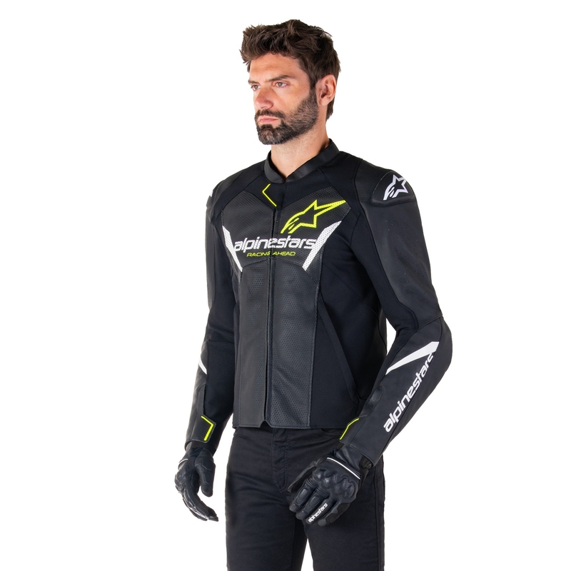 Geacă din piele moto Alpinestars Faster 3 Airflow negru-alb-galben
