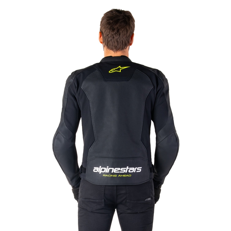 Geacă din piele moto Alpinestars Faster 3 Airflow negru-alb-galben
