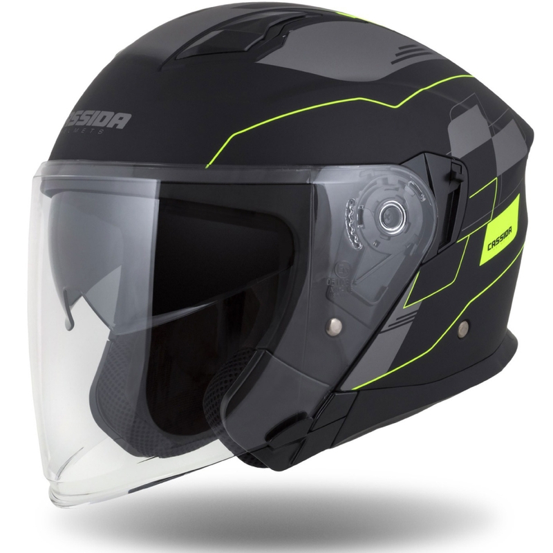 Cassida Jet Tech Roxor cască de motocicletă deschisă negru-gri-galben-fluo mată lichidare