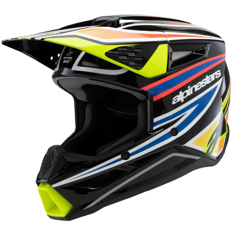 Cască motocross Alpinestars S-M3 WURX pentru copii, negru-galben fluo-albastru-roșu