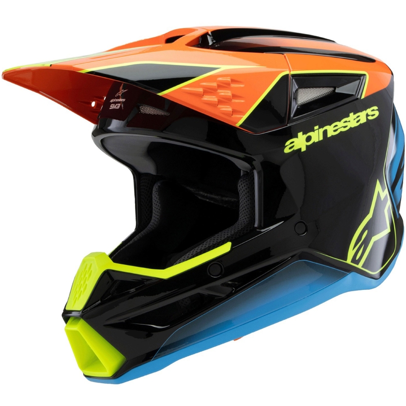 Cască motocross Alpinestars S-M3 FRAY pentru copii, negru-portocaliu fluo-galben fluo-turcoaz