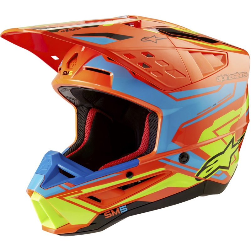 Casca motocross Alpinestars S-M5 Action 2 portocaliu fluo-albastru deschis-galben fluo
