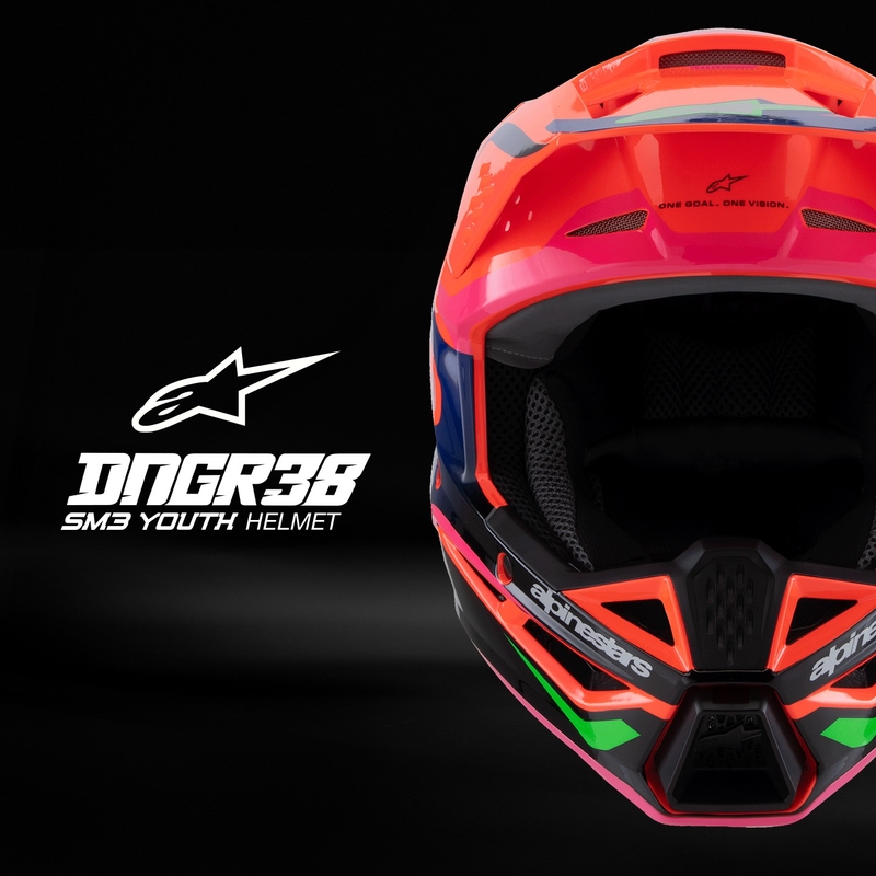 Casca motocross copii Alpinestars S-M3 HAIDEN DEEGAN portocaliu fluo-violet-roz-verde