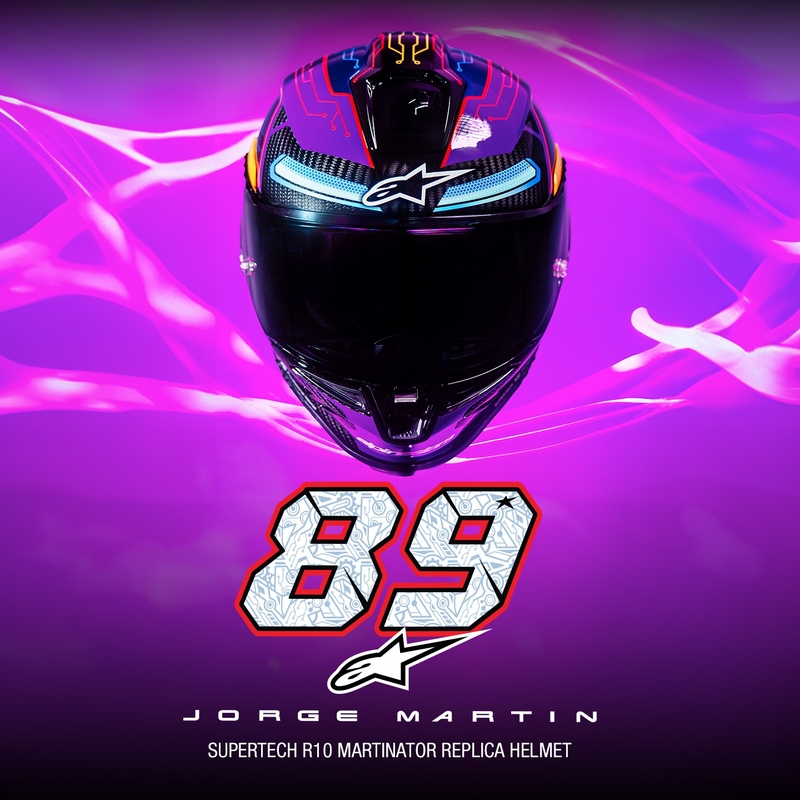 Cască integrală de motocicletă Alpinestars Supertech R-10 Ediție limitată Martinator Jorge Martin Albastru-Mov-Roșu-Galben