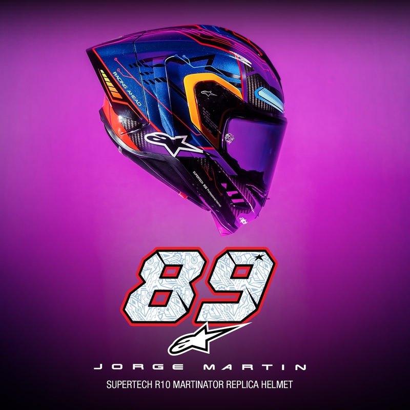 Cască integrală de motocicletă Alpinestars Supertech R-10 Ediție limitată Martinator Jorge Martin Albastru-Mov-Roșu-Galben