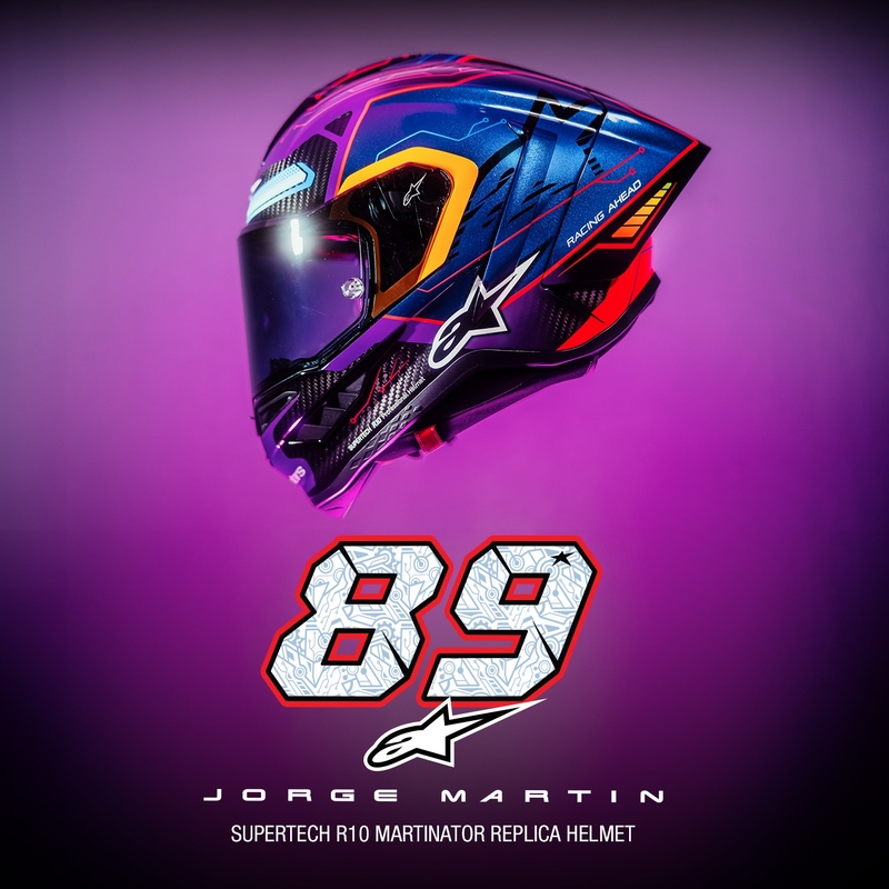 Cască integrală de motocicletă Alpinestars Supertech R-10 Ediție limitată Martinator Jorge Martin Albastru-Mov-Roșu-Galben