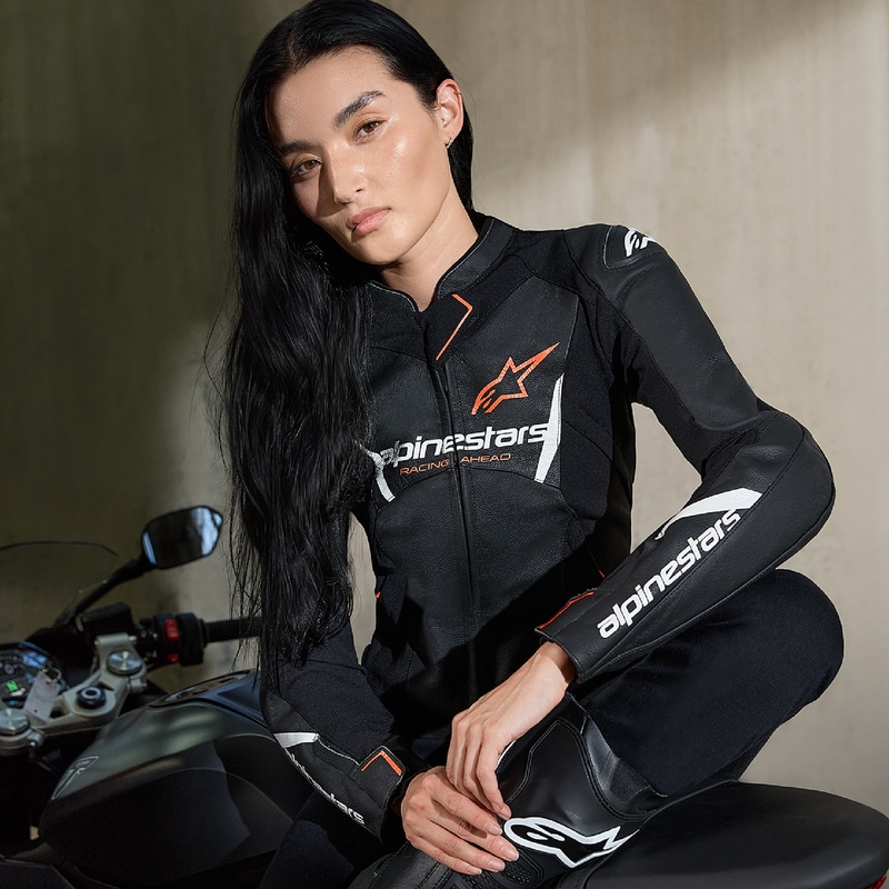 Geacă de motocicletă din piele de damă Alpinestars Stella Faster 3 negru-alb-rosu fluo