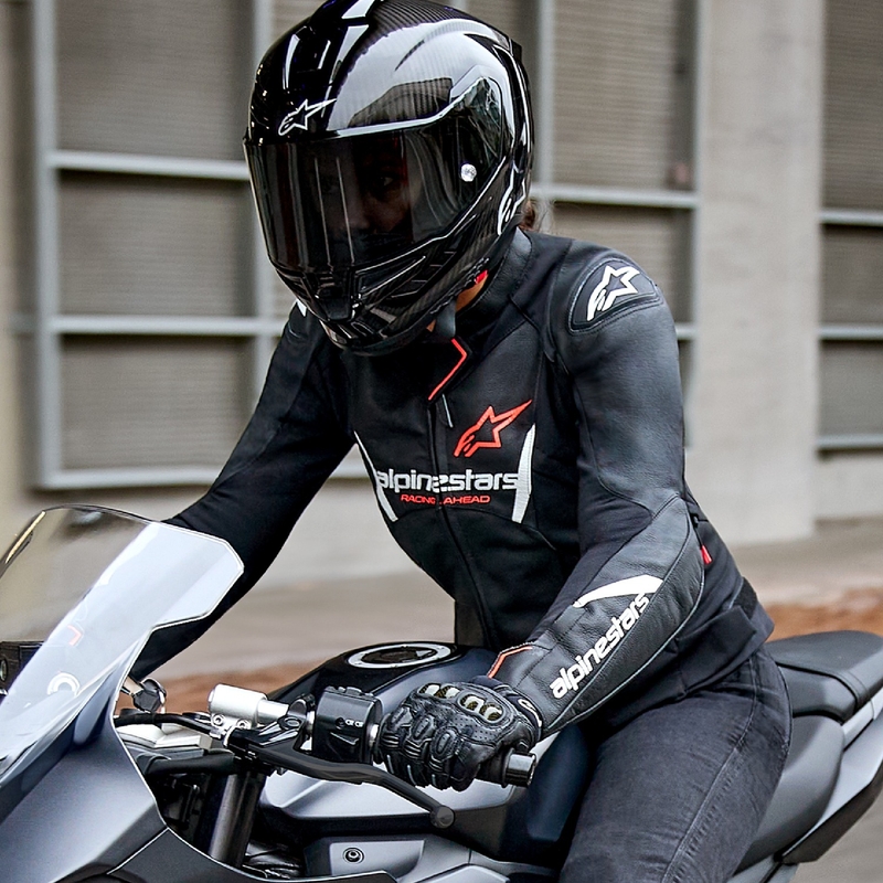Geacă de motocicletă din piele de damă Alpinestars Stella Faster 3 negru-alb-rosu fluo