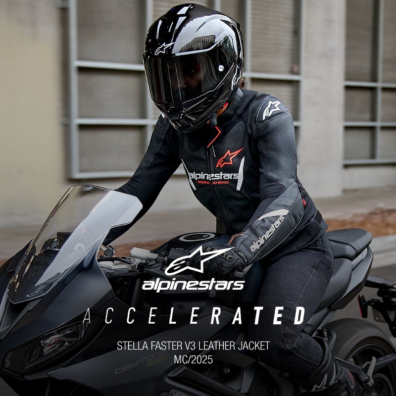 Geacă de motocicletă din piele de damă Alpinestars Stella Faster 3 negru-alb-rosu fluo
