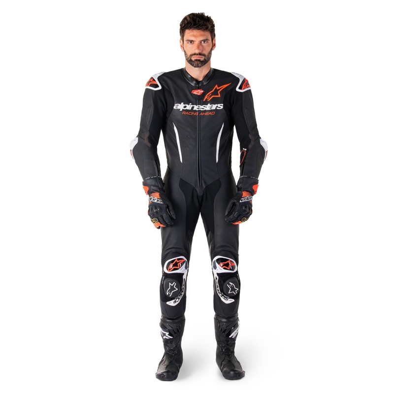 Costum motociclist dintr-o bucată din piele Alpinestars GP-R7 Tech-Air gata/compatibil negru-alb-rosu fluo