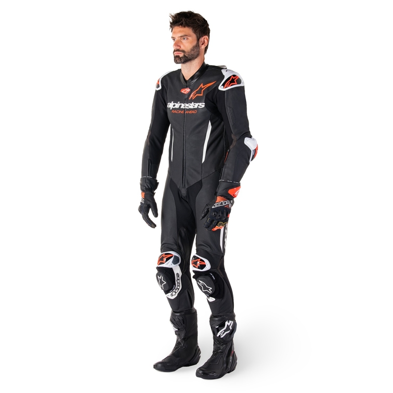 Costum motociclist dintr-o bucată din piele Alpinestars GP-R7 Tech-Air gata/compatibil negru-alb-rosu fluo