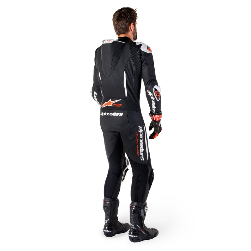 Costum motociclist dintr-o bucată din piele Alpinestars GP-R7 Tech-Air gata/compatibil negru-alb-rosu fluo