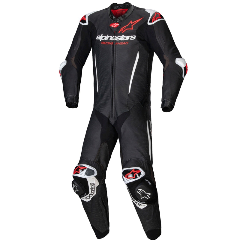 Costum motociclist dintr-o bucată din piele Alpinestars GP-R7 Tech-Air gata/compatibil negru-alb-rosu fluo