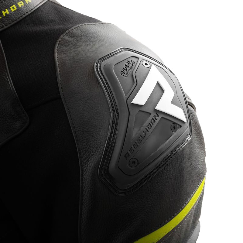 Geacă piele moto Rebelhorn Veloce negru-gri-galben fluo