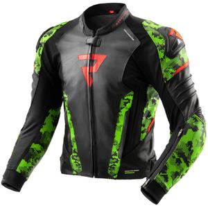 Geacă din piele pentru motocicletă Rebelhorn Veloce negru-verde camo-roșu fluo